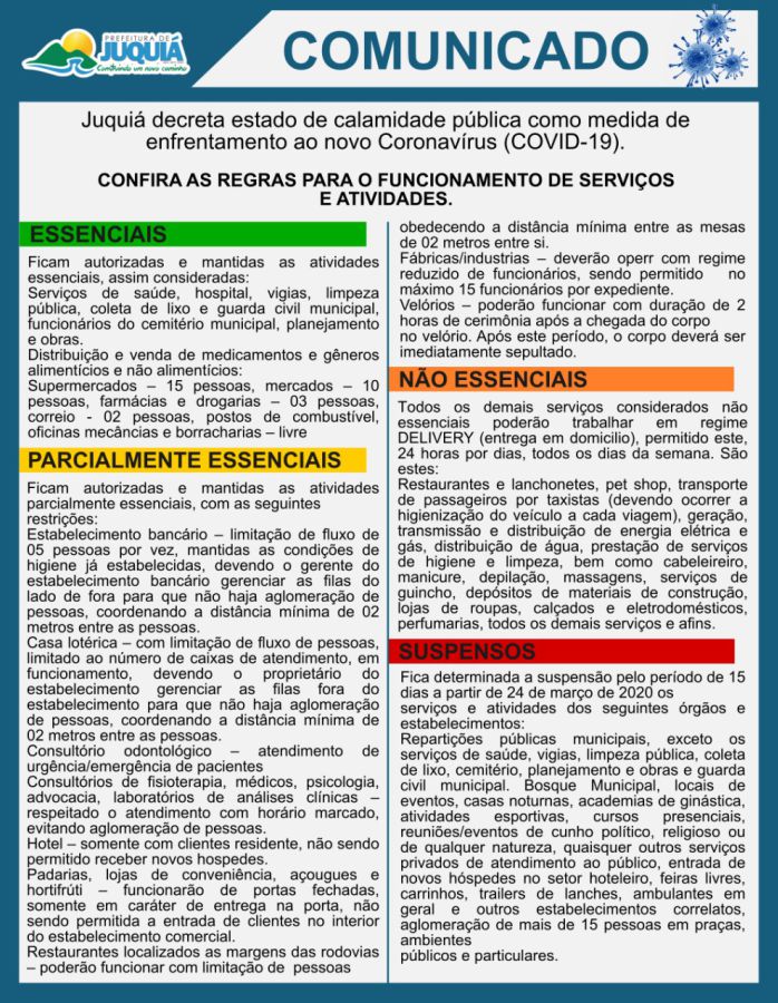 Juquiá decreta Estado de Calamidade Pública como medida de enfrentamento ao Novo Coronavírus (COVID-19).