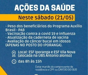 Ações da Saúde neste Sábado 21/05